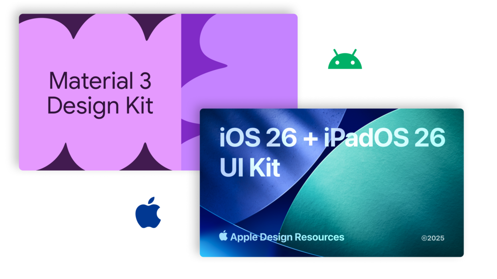Image Description: Two Figma project covers, the left showing Google's Material 3 Design Kit with a small Android logo icon next to it and the right showing Apple Design Resource's UI Kit with a small Apple logo icon next to it.