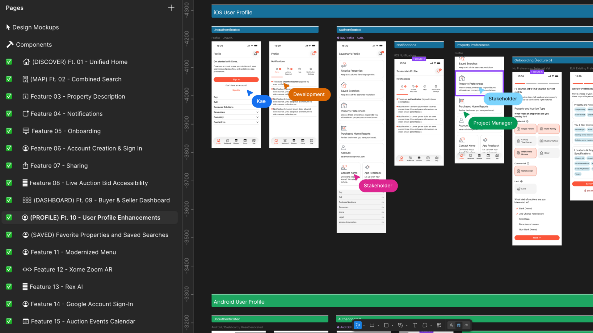 Image Description: A snapshot of the Figma workspace for this project. Each feature has its own titled page down the left side. On the right are several screen flows with iOS on top and Android on bottom. There are 5 colorful mouse cursors labeled from left to right: Kae, Development, Stakeholder 1, Project Manager, Stakeholder 2 to illustrate how these roles collaborated together on this project.