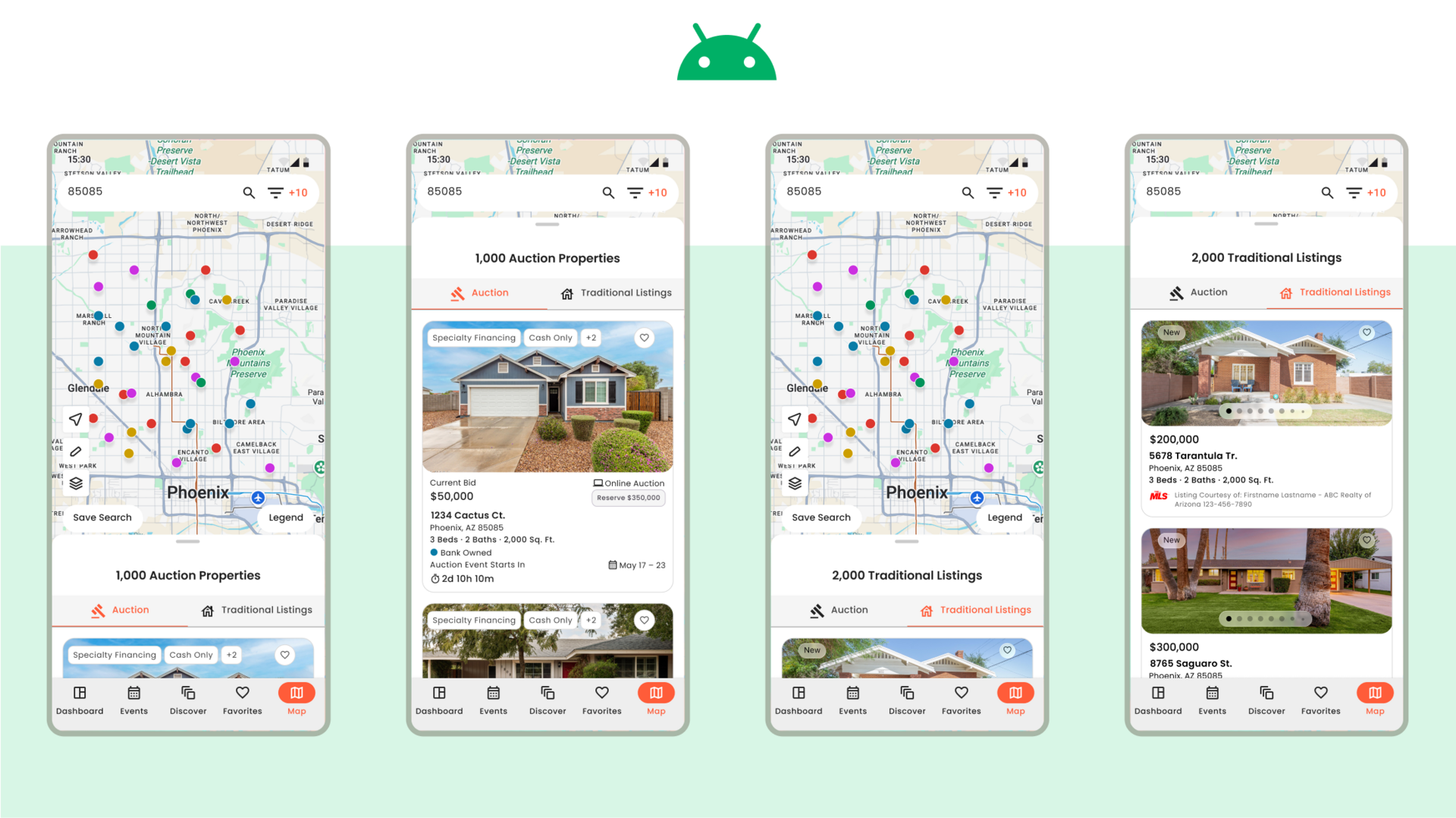 Image Description: 4 Android screens total showing versions of the Map tab: The 2 on the left show the Auction Properties UI element collapsed and expanded. The 2 on the right show the Traditional Listings UI element collapsed and expanded.