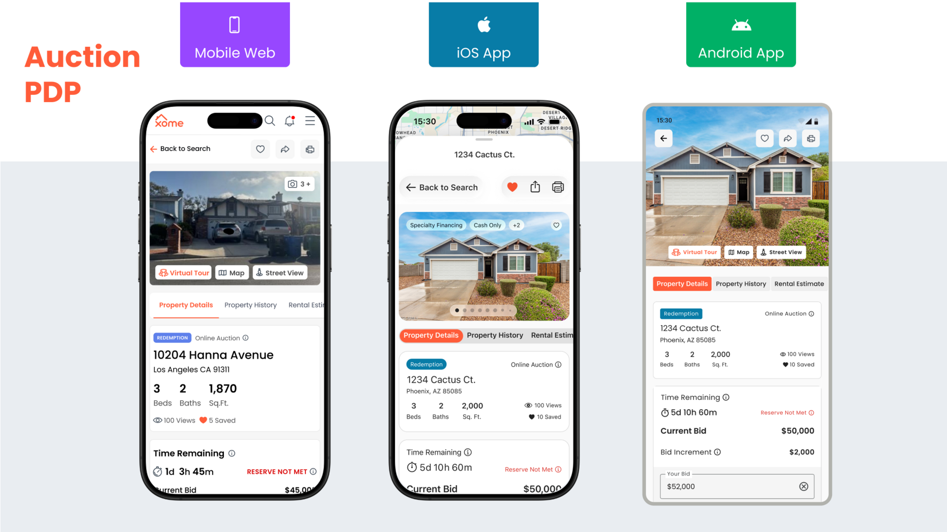 Image Description: This is a slide from a stakeholder presentation showing 3 screens comparing the Auction Product Details screen for mobile web, iOS App, and Android App.