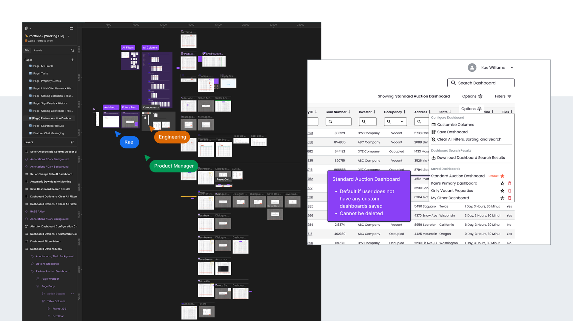 Image Description: A snapshot of the Figma workspace for this project. Each feature has its own titled page down the left side. On the right are several screen flows with iOS on top and Android on bottom. There are 5 colorful mouse cursors labeled from left to right: Kae, Development, Stakeholder 1, Project Manager, Stakeholder 2 to illustrate how these roles collaborated together on this project.