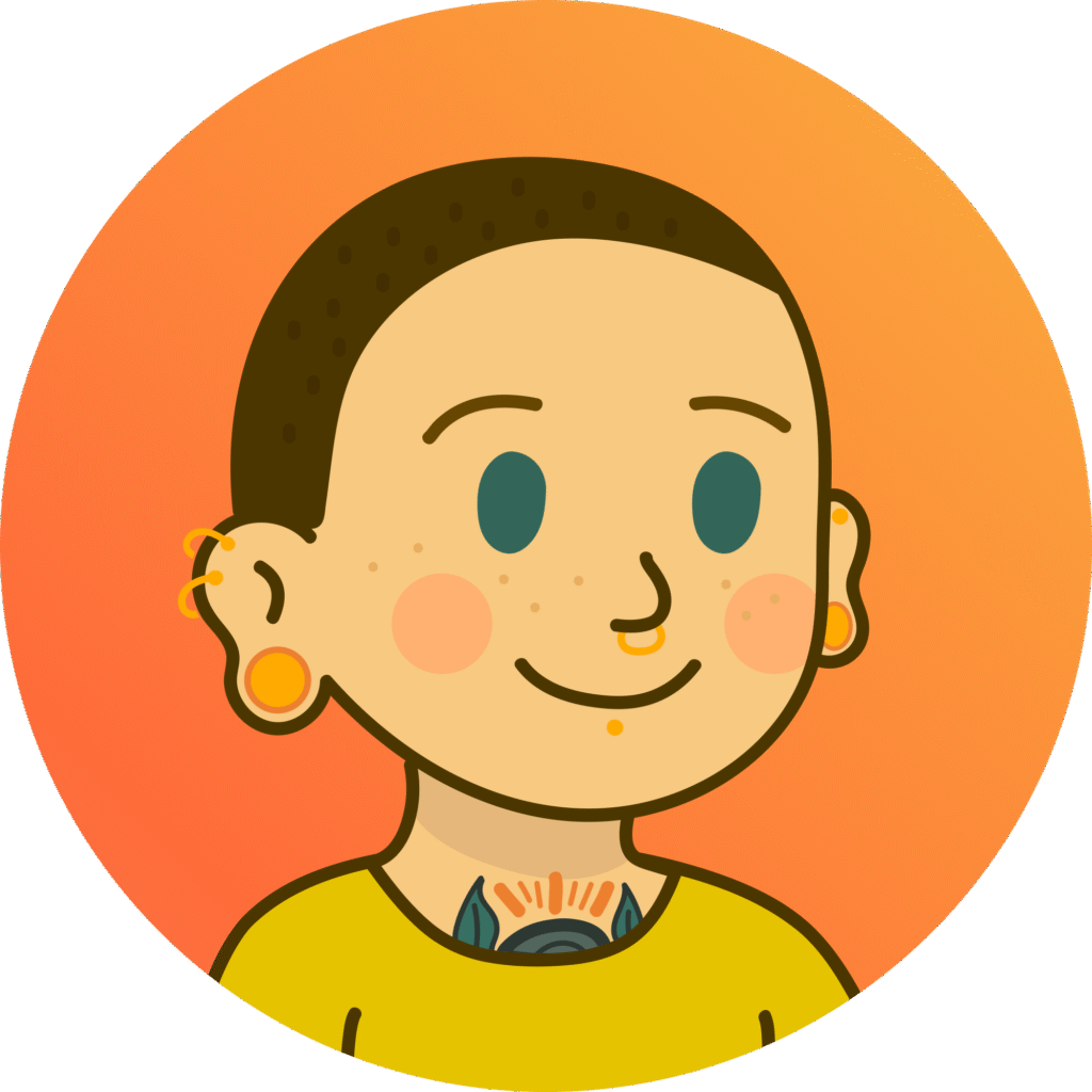 A self portrait illustration of Kae looking to the right with a circular background.