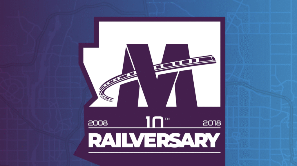 Logo for Phoenix, Arizona Valley Metro's 10th anniversary. Text: 2008 โ 2018 10th Railversary.